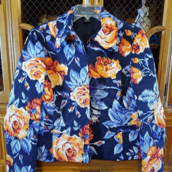 Ellen Tracy Dillard's Blue Floral Rose Print Open Front Blazer Jacket Women Sz 8 - Picture 1 of 6